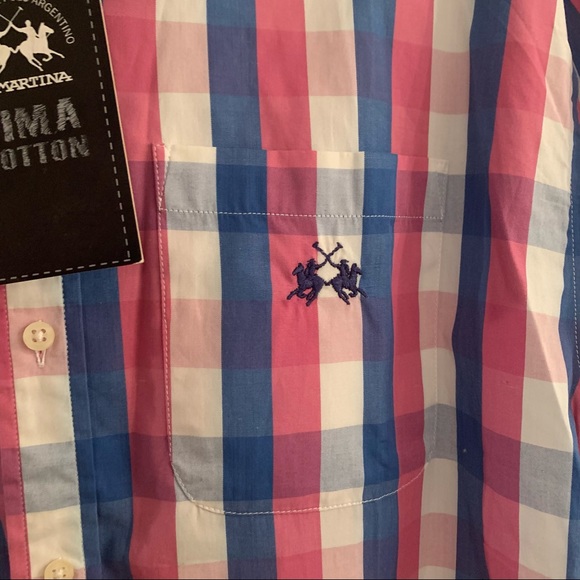 NWT La Martina Pima Cotton Pink and Blue Checkered Casual Button Down - Picture 3 of 5